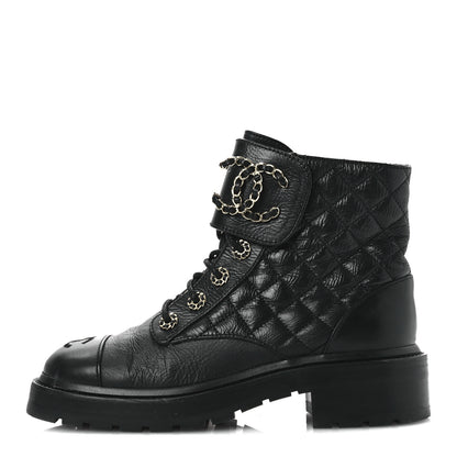 Chanel Shiny Goatskin Calfskin Quilted Lace Up Combat Boots 37 Black 1 of 11