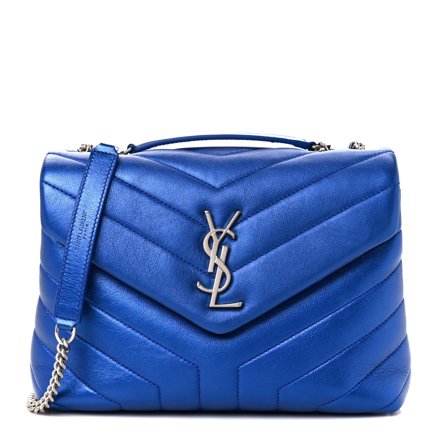 Metallic Calfskin Y Quilted Monogram Small Loulou Chain Satchel Blue Royal