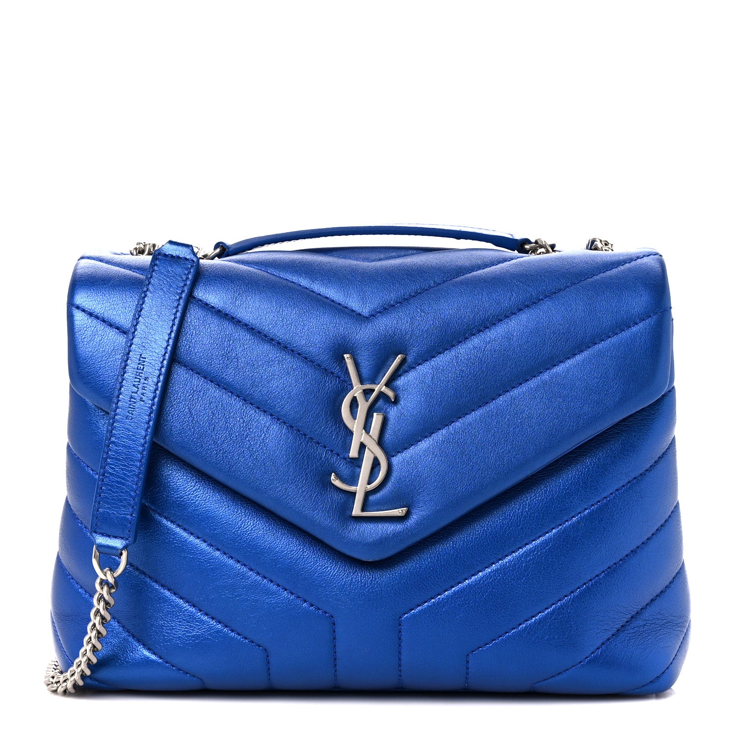 Saint Laurent Metallic Calfskin Y Quilted Monogram Small Loulou Chain Satchel Blue Royal 1 of 11