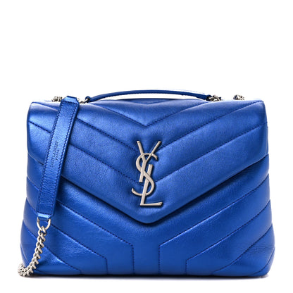 Saint Laurent Metallic Calfskin Y Quilted Monogram Small Loulou Chain Satchel Blue Royal 1 of 11