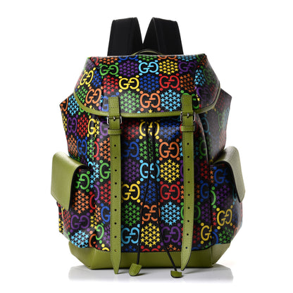 Gucci GG Supreme Monogram Psychedelic Medium Double Buckle Backpack Green Multicolor 1 of 5