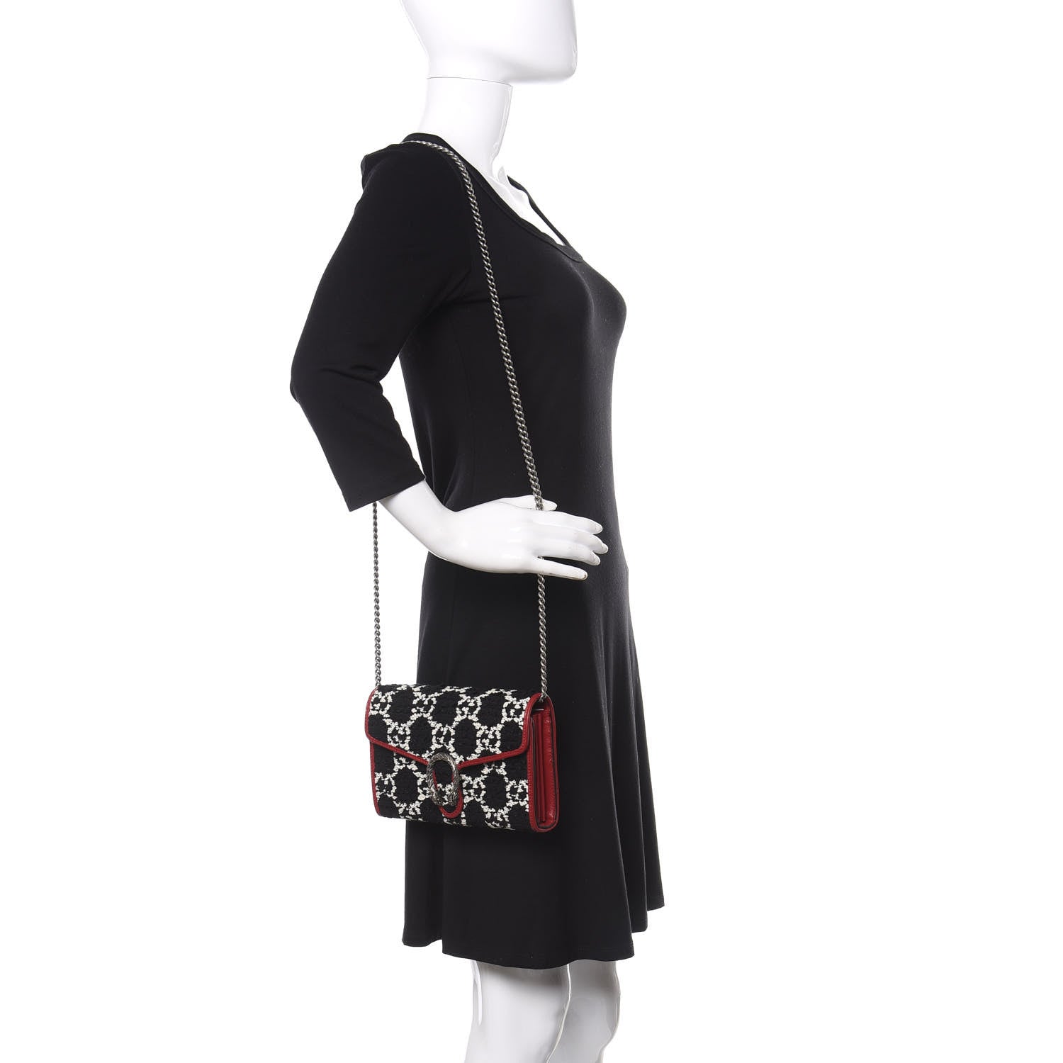 Gucci Tweed GG Monogram Mini Dionysus Chain Wallet Black White Romantic Cherry 2 of 11