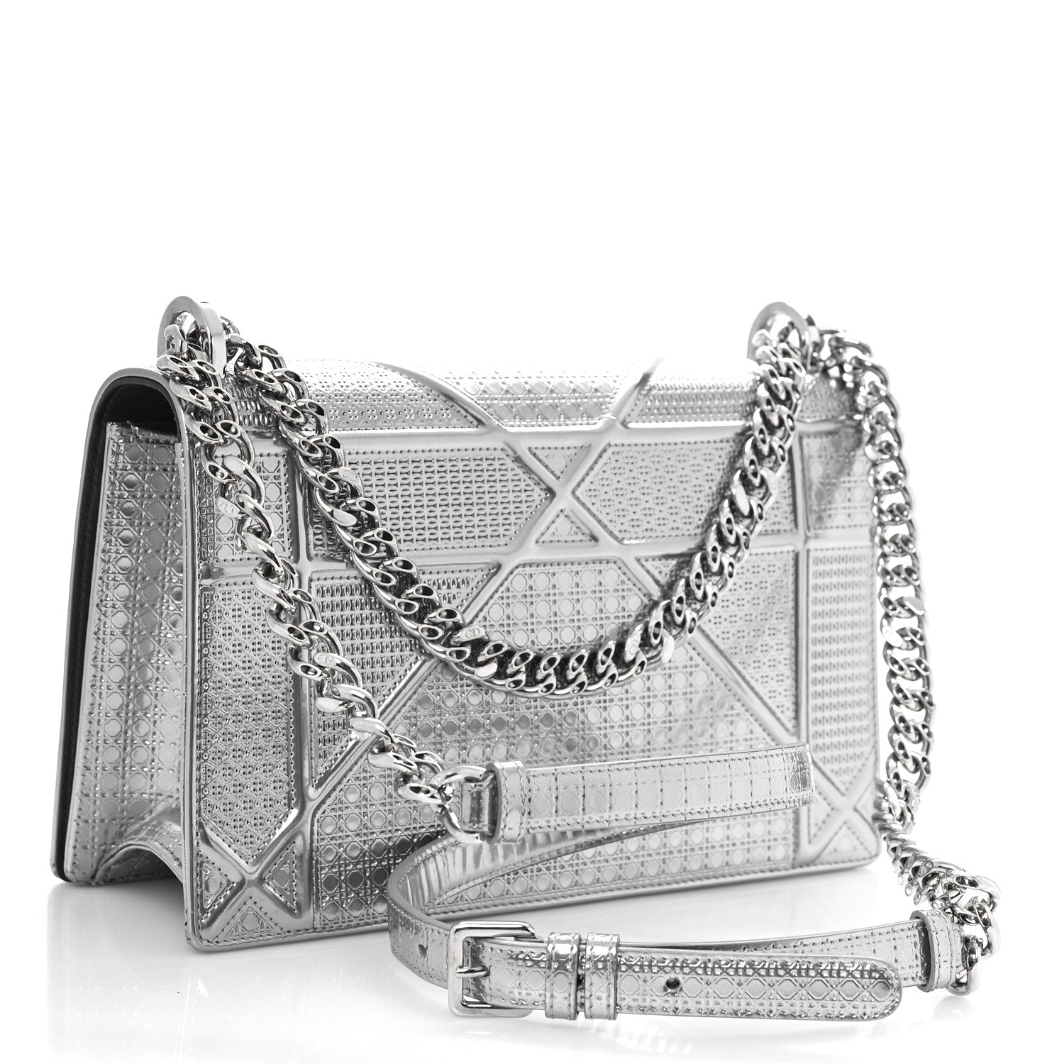 Christian Dior Metallic Patent Micro-Cannage Medium Diorama Flap Bag Silver 3 of 8