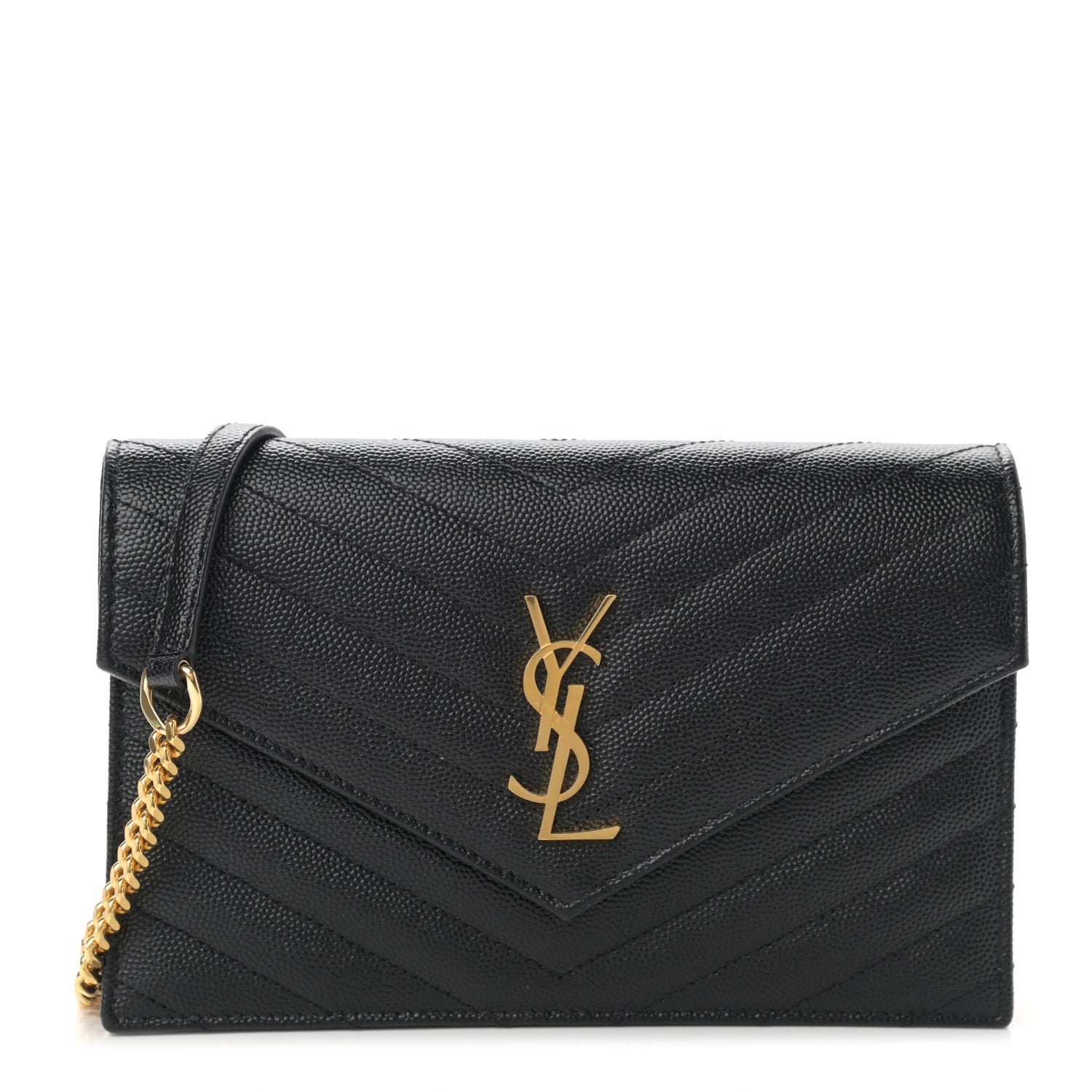Saint Laurent Grain De Poudre Matelasse Chevron Monogram Envelope Chain Wallet Black 1 of 12