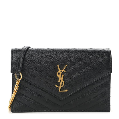 Saint Laurent Grain De Poudre Matelasse Chevron Monogram Envelope Chain Wallet Black 1 of 12