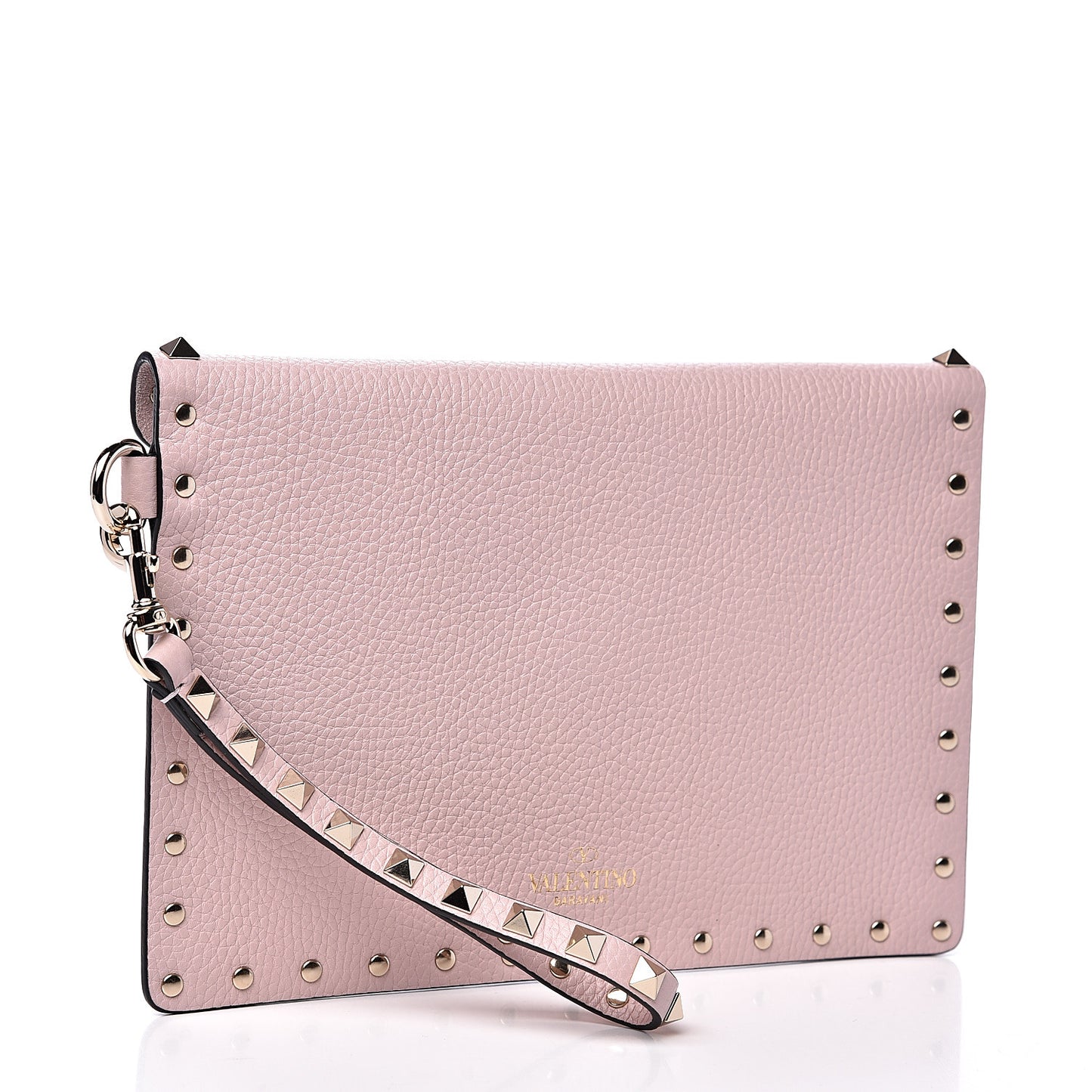 Pebbled Calfskin Medium Rockstud Envelope Flat Wristlet Pouch Water Rose