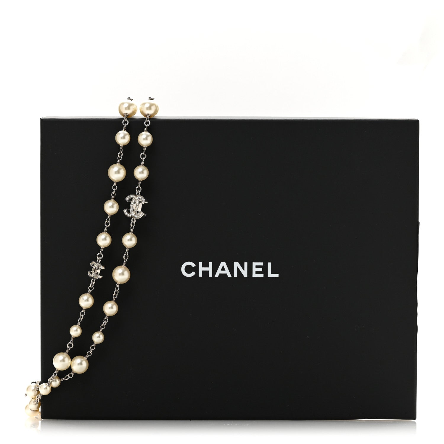 Chanel Crystal Pearl CC Long Necklace Silver 6 of 6