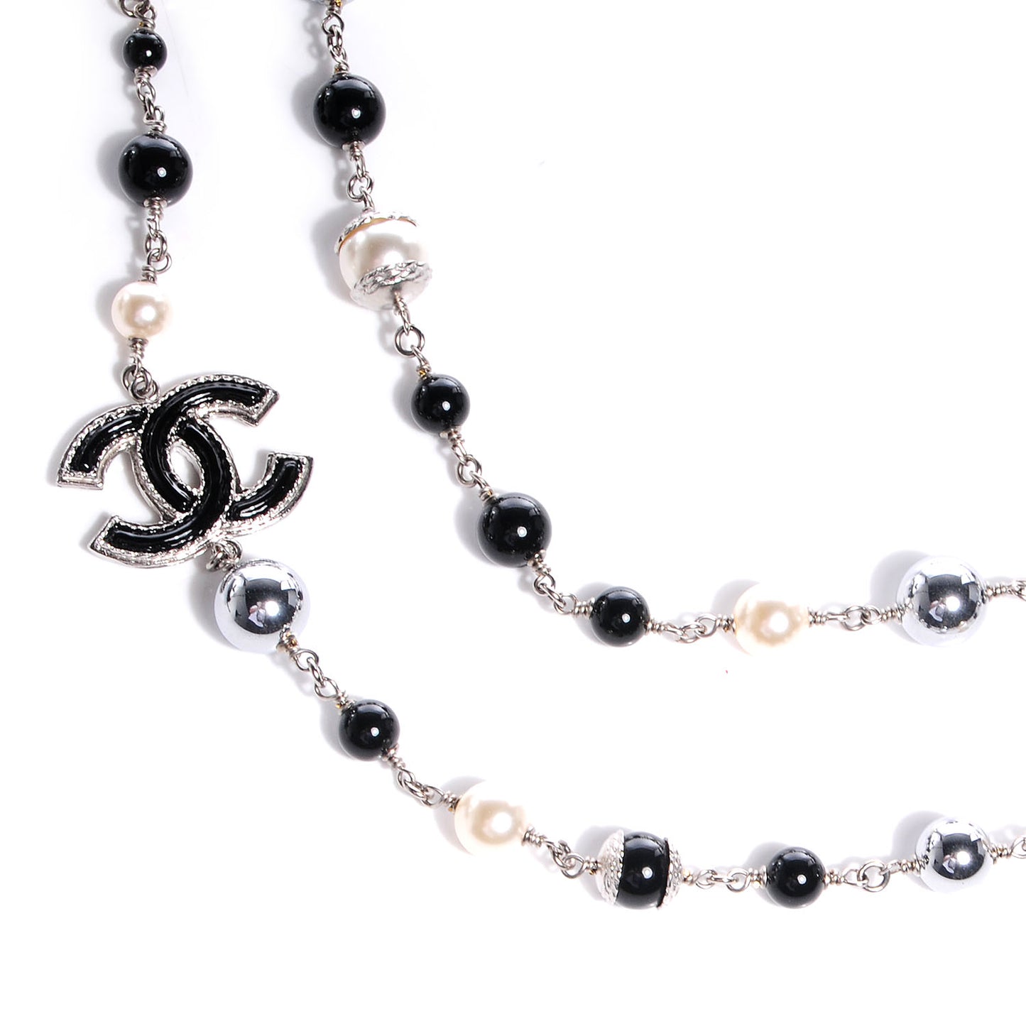 Pearl Beaded CC Long Necklace Black