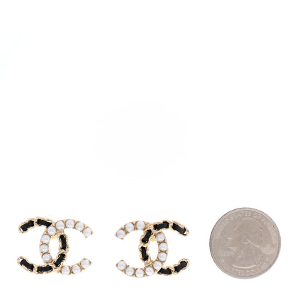 Chanel Pearl Lambskin Chain CC Earrings Gold Black 2 of 5