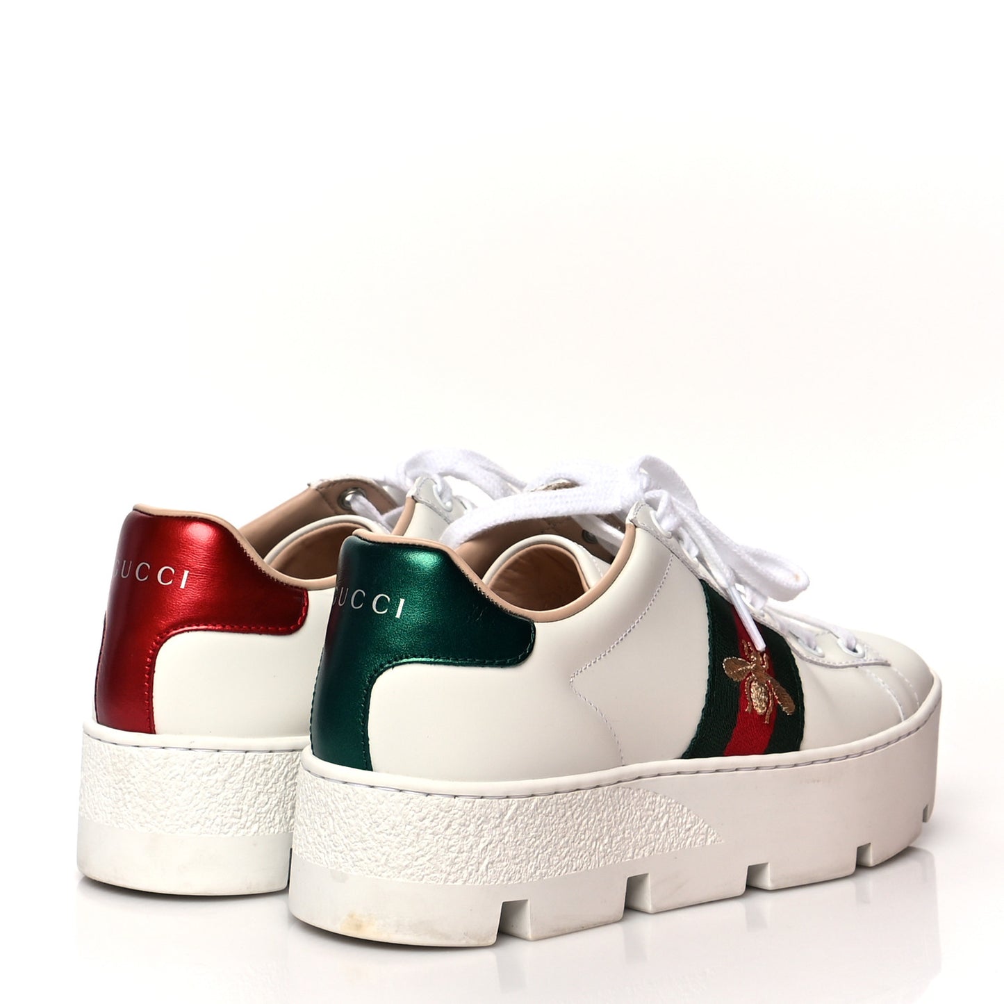Calfskin Web Bee Embroidered Womens Ace Platform Sneakers 36 White