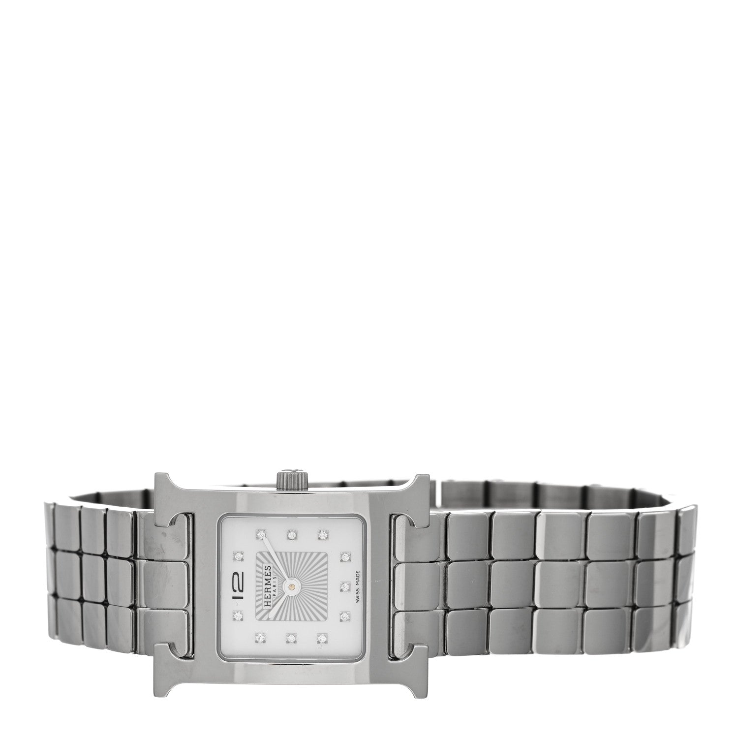 Hermes Stainless Steel Diamond Mother of Pearl 21mm Heure H Hour Quartz Watch 2 of 5