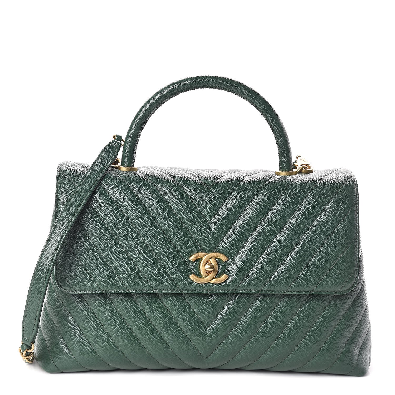 Chanel Caviar Chevron Quilted Medium Coco Handle Flap Green 1 of 10
