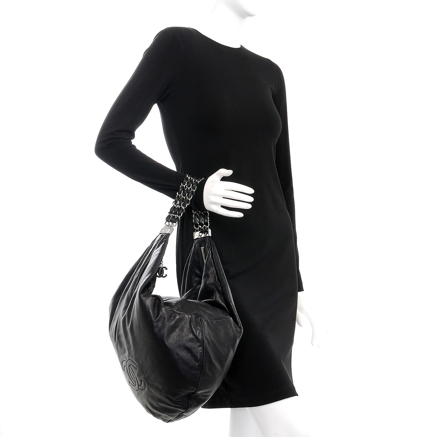 Lambskin Large Rock and Chain Hobo Black