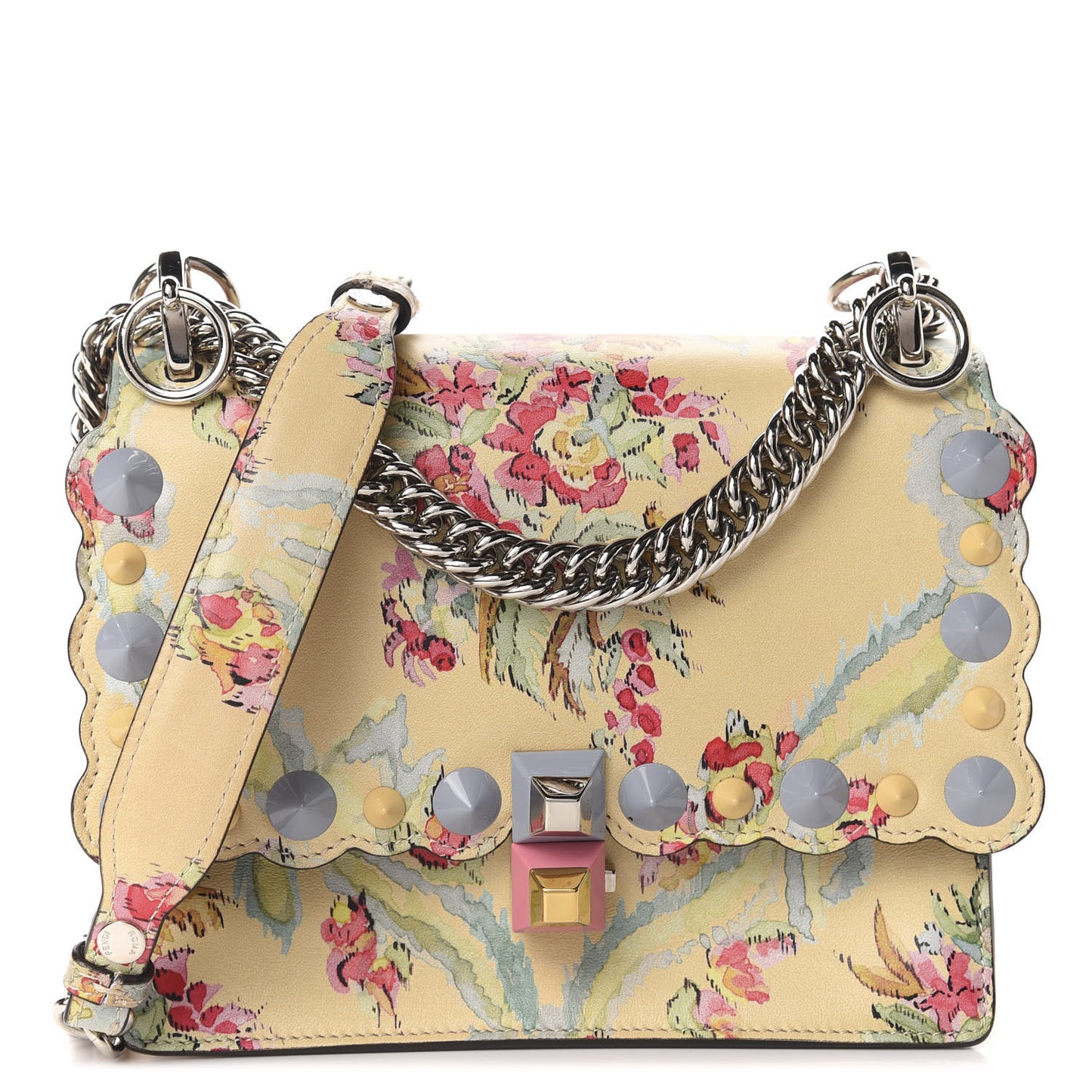 Vitello Marie Antoinette Print Scalloped Mix Studded Small Kan I Shoulder Bag Panna Multicolor