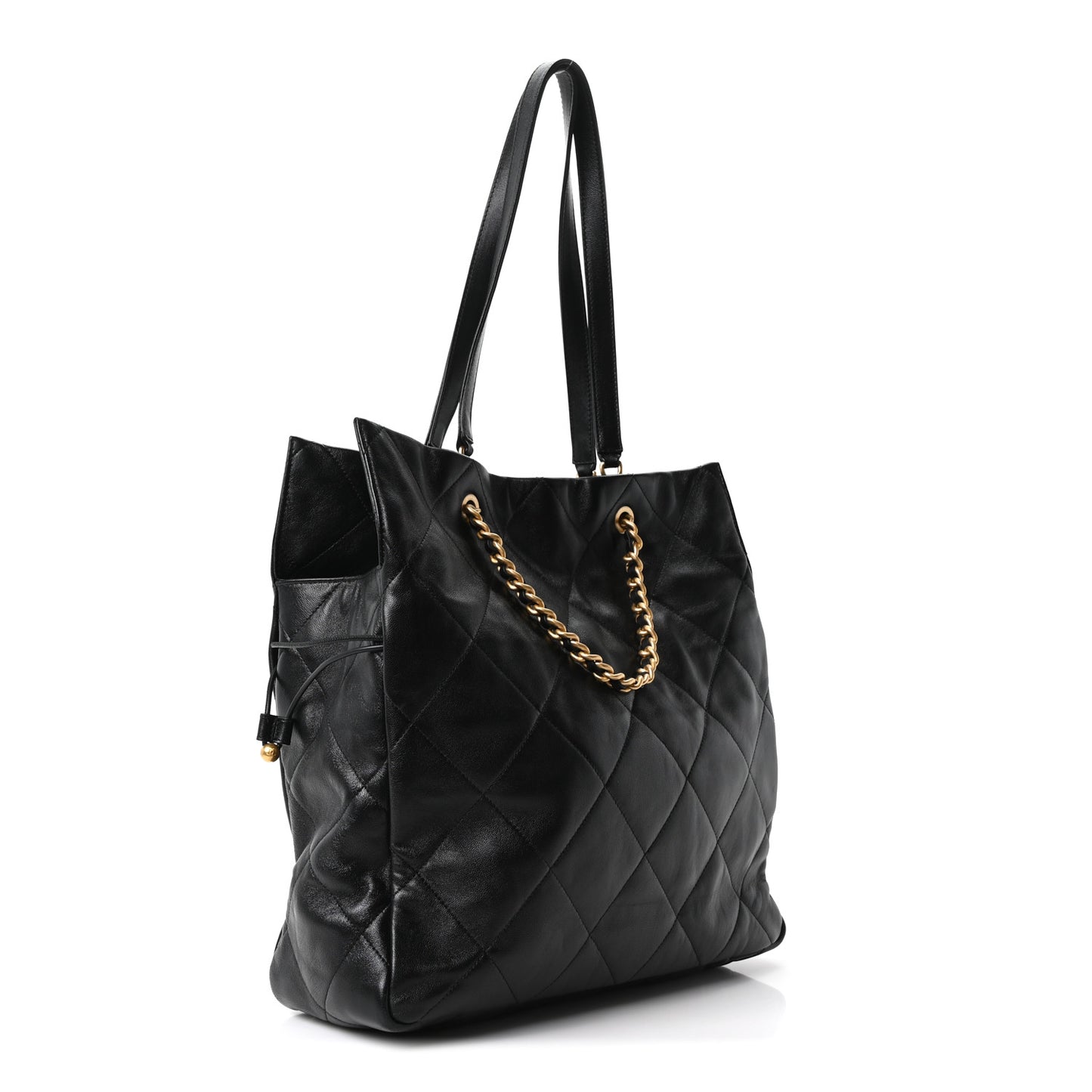 Shiny Lambskin Quilted Shopping Bag Black
