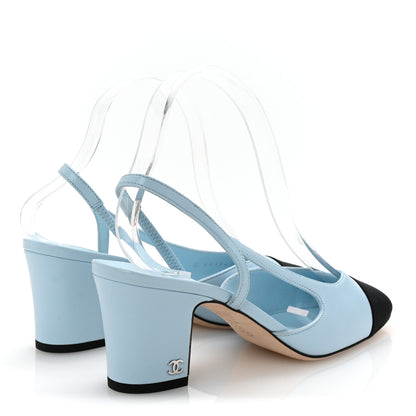 Chanel Lambskin Grosgrain Cap Toe CC Slingback Pumps 38 Light Blue Black 5 of 10