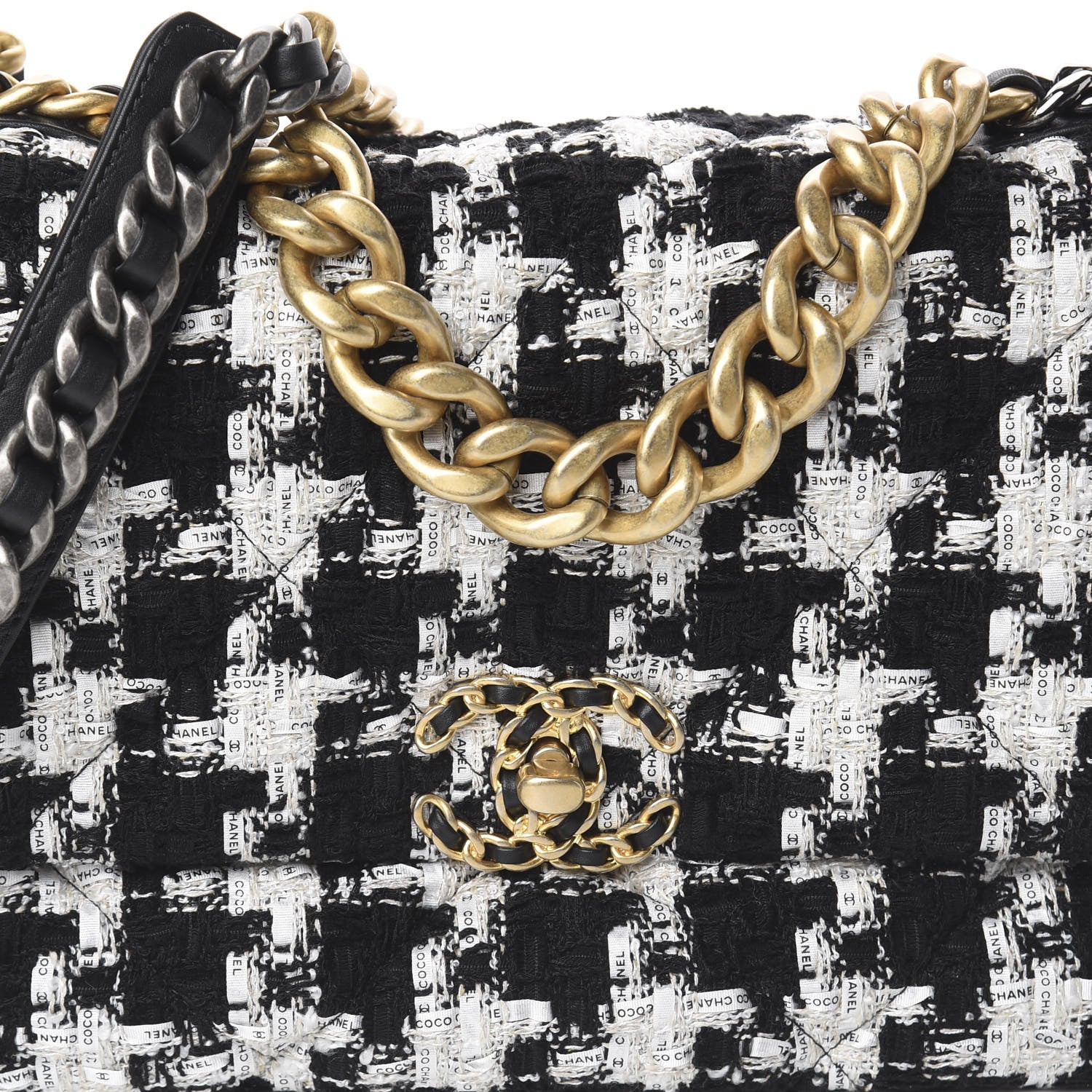 Chanel Tweed Quilted Medium 19 Flap Black Ecru White 7 of 9
