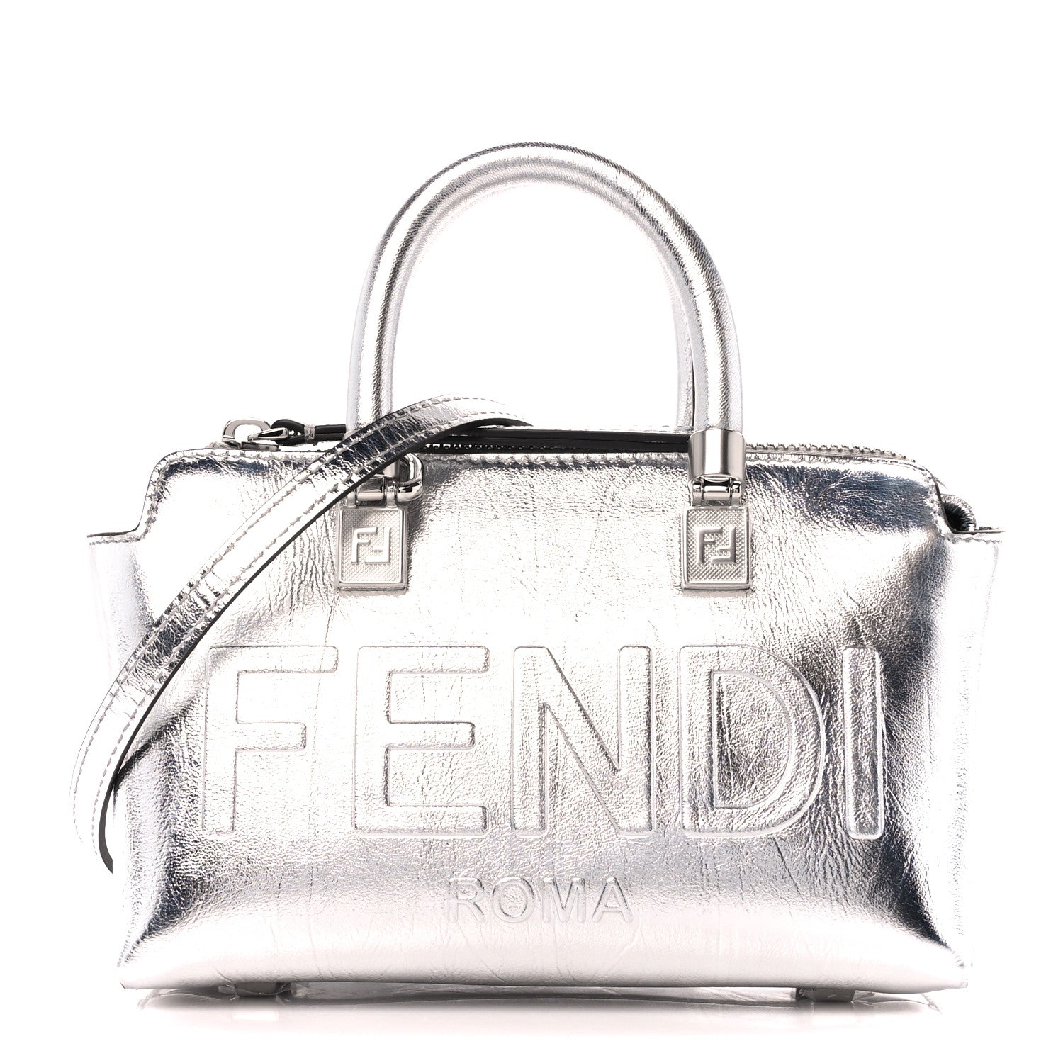 Fendi Rock Millenium Logo Embossed Mini By The Way Top Handle Boston Bag Argento 1 of 12