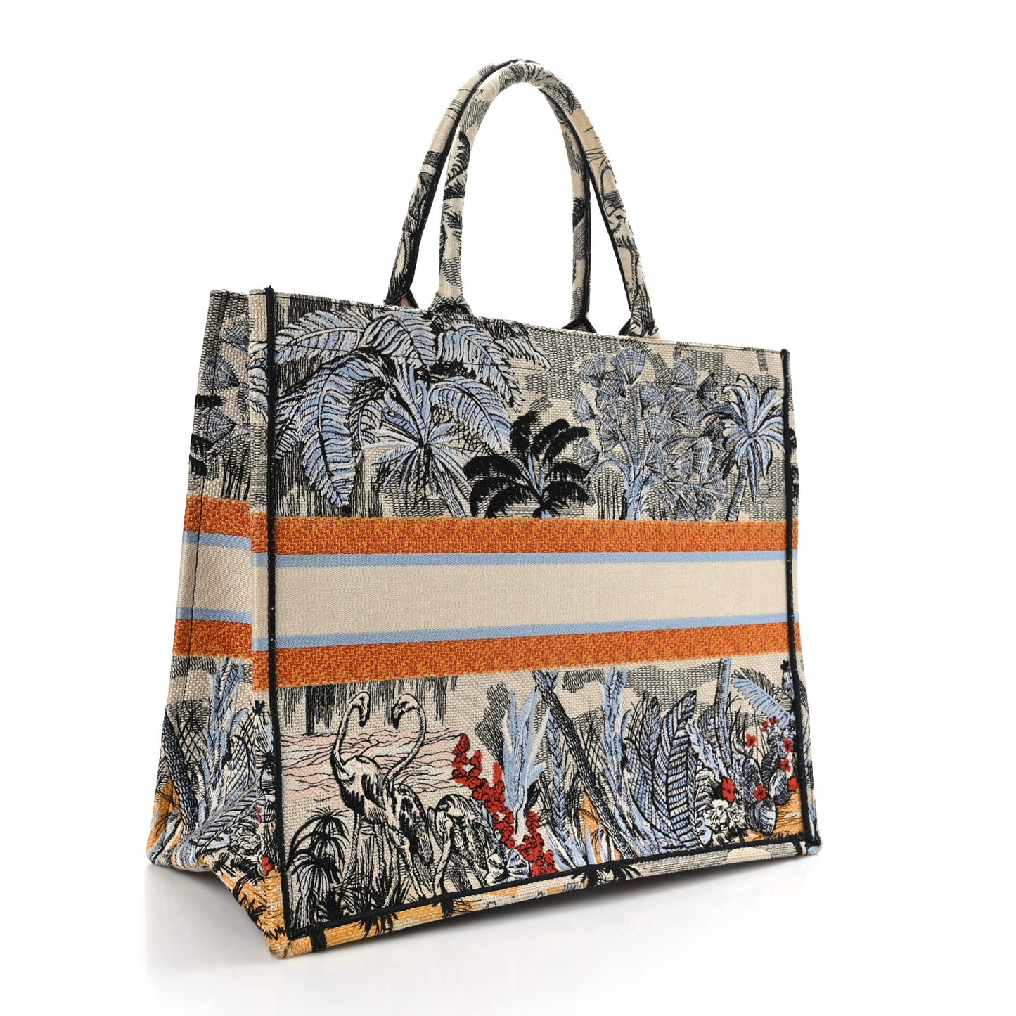 Canvas Embroidered Large Palm Tree Toile De Jouy Book Tote Multicolor