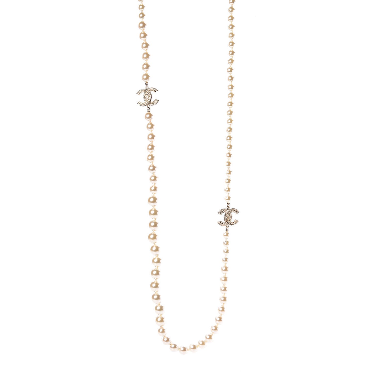 Pearl Baguette Crystal Long CC Necklace Gold