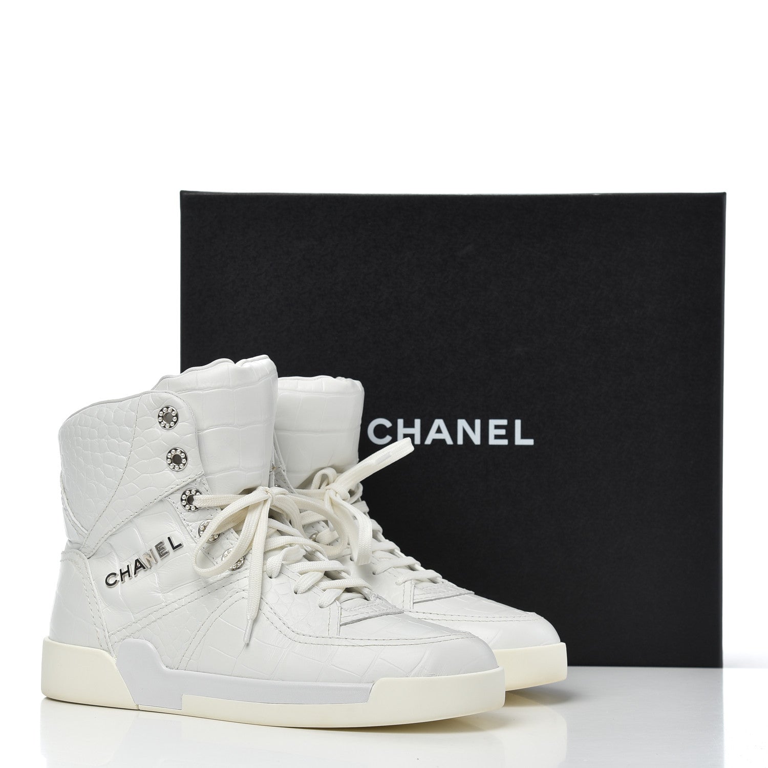 Chanel Calfskin Crocodile Embossed Cocodile High Top Sneakers 39.5 White 9 of 9