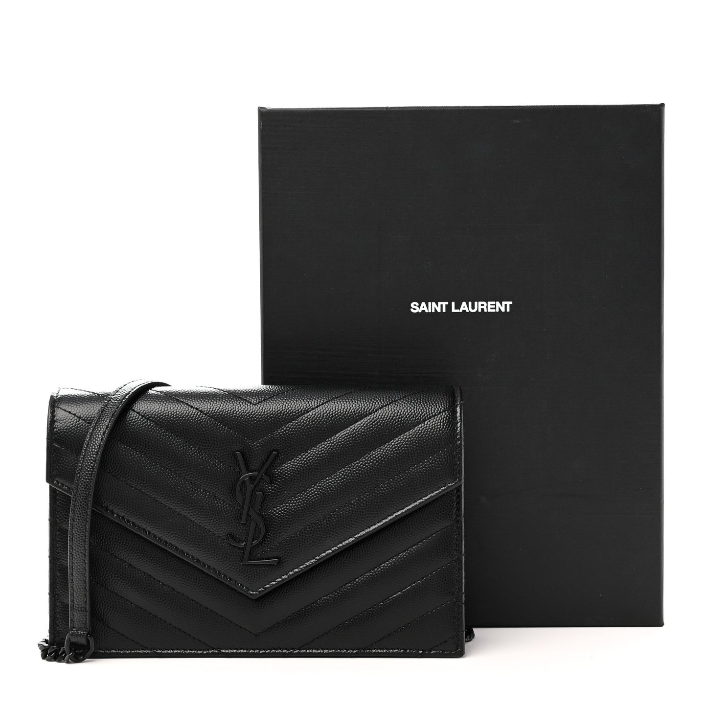 Grain De Poudre Matelasse Chevron Monogram Monochrome Envelope Chain Wallet Black