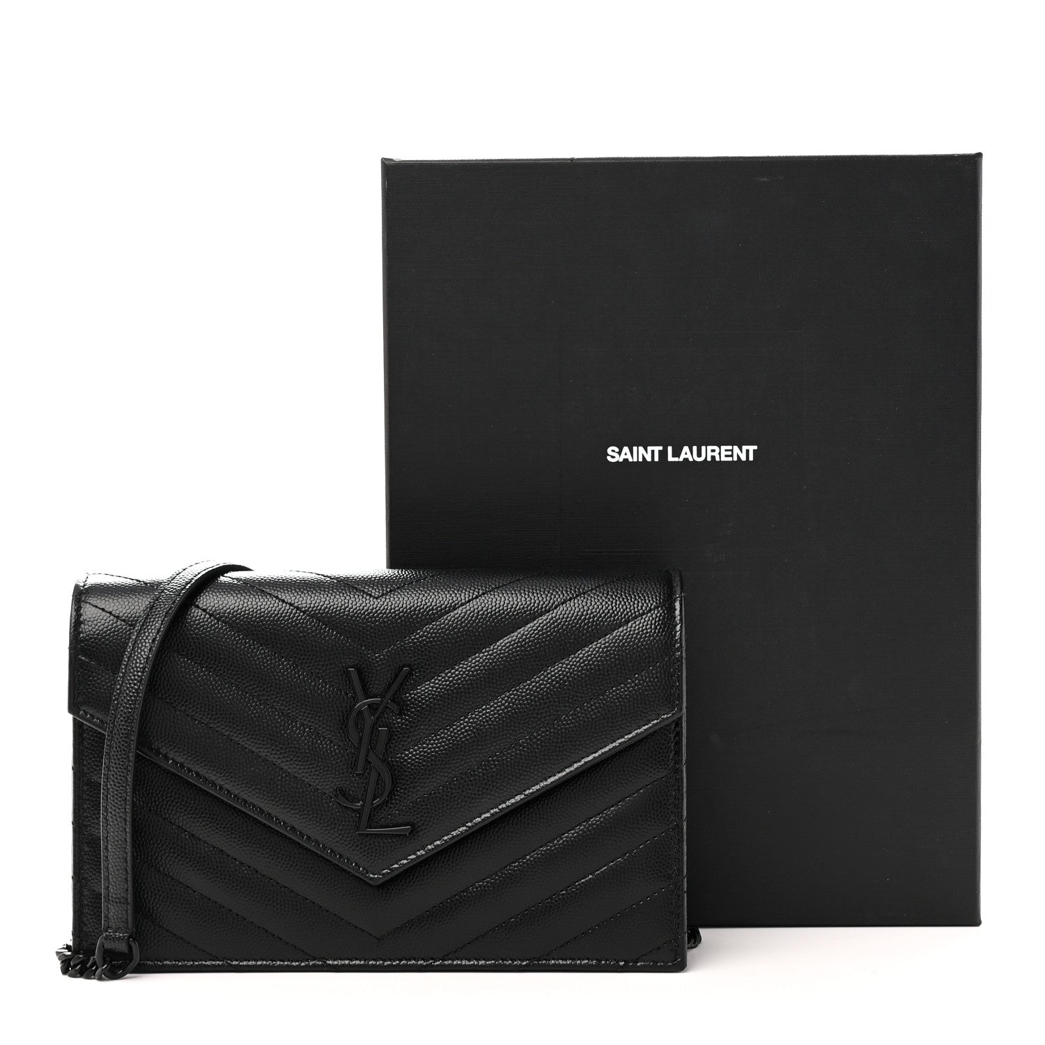 Saint Laurent Grain De Poudre Matelasse Chevron Monogram Monochrome Envelope Chain Wallet Black 11 of 11