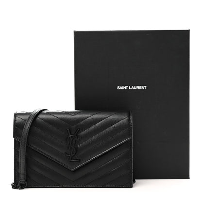 Saint Laurent Grain De Poudre Matelasse Chevron Monogram Monochrome Envelope Chain Wallet Black 11 of 11
