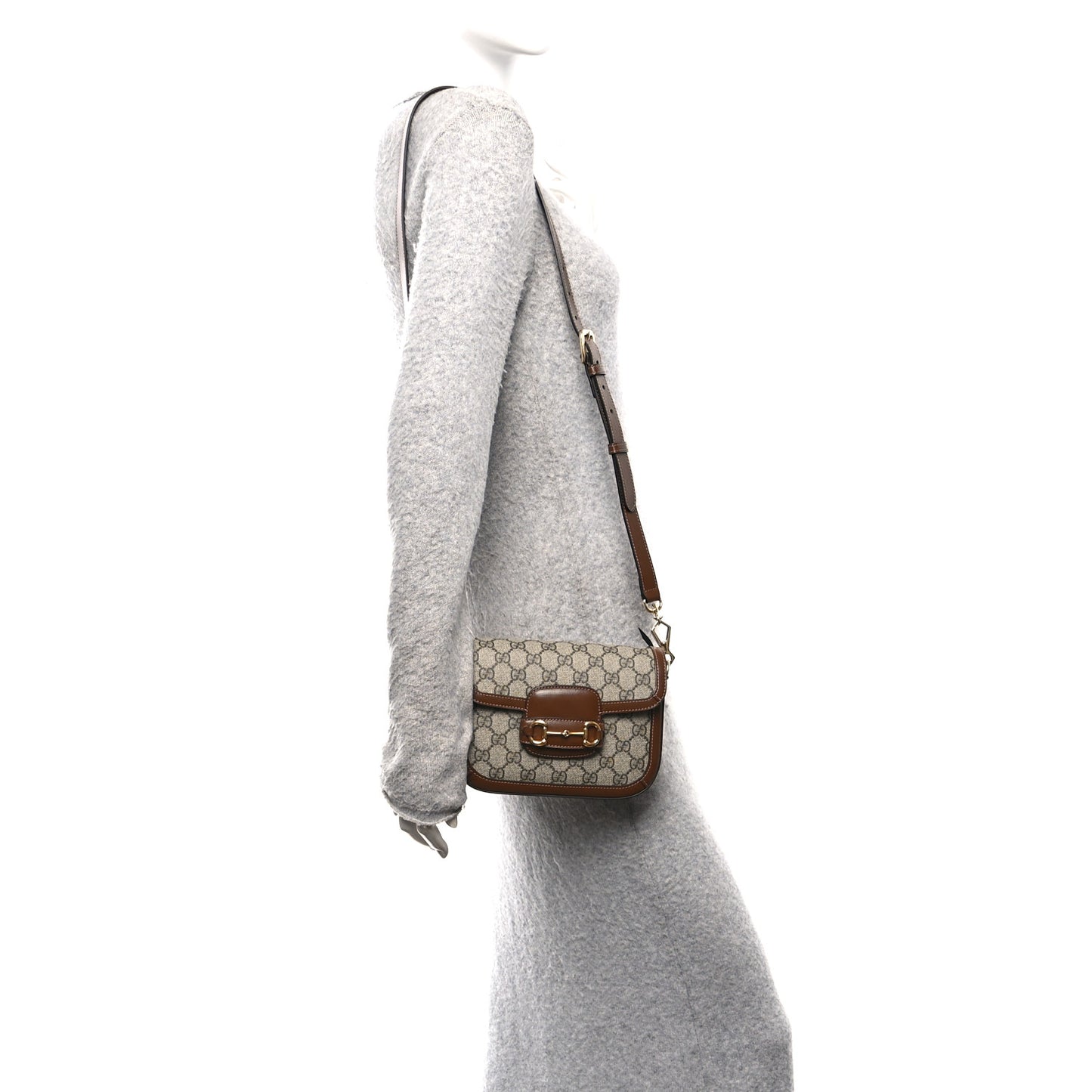 GG Supreme Monogram Web Mini Horsebit 1955 Shoulder Bag Beige Brown Sugar