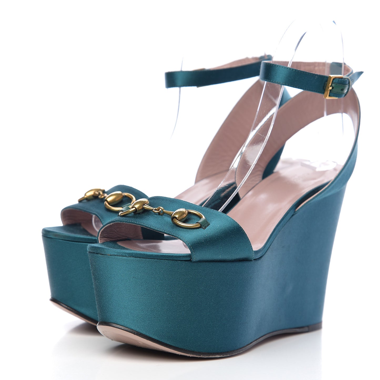 Satin Liliane Horsebit Platform Wedge Sandals 39 Turchese