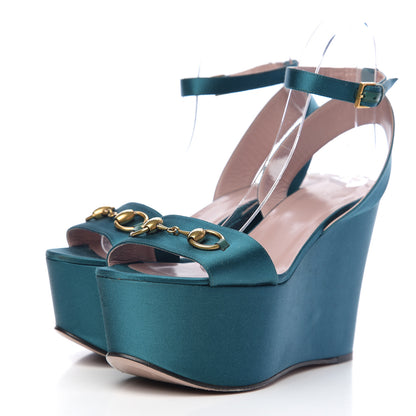 Gucci Satin Liliane Horsebit Platform Wedge Sandals 39 Turchese 3 of 10