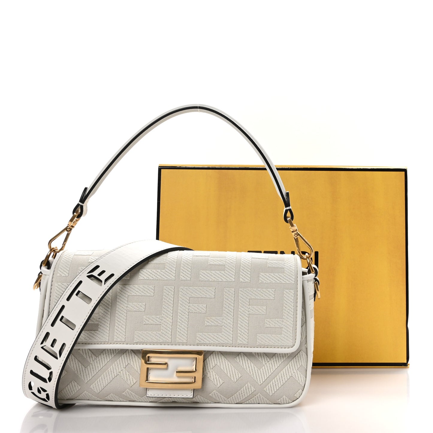 Canvas Vitello King Extra Strap FF Embroidered Baguette White Ice