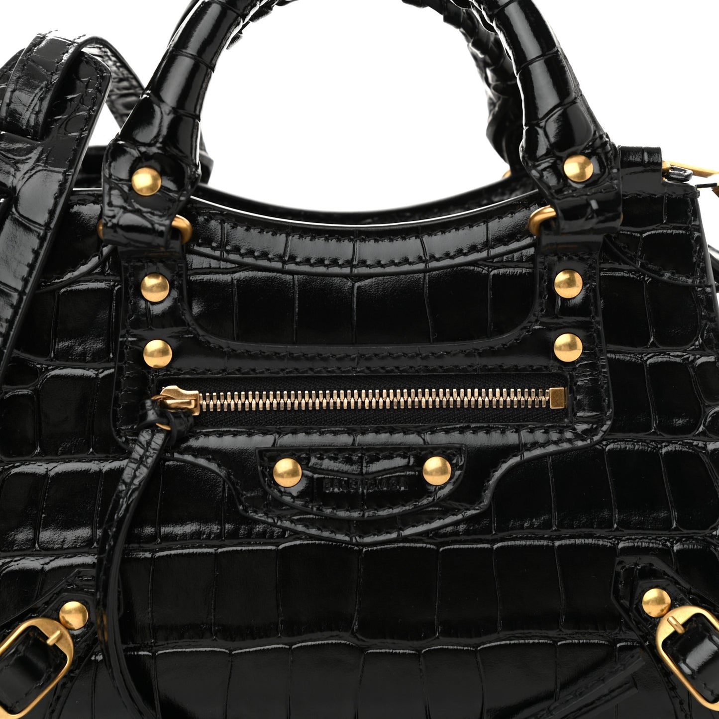 Shiny Supple Calfskin Crocodile Embossed Neo Classic Gold Hardware Mini City Black