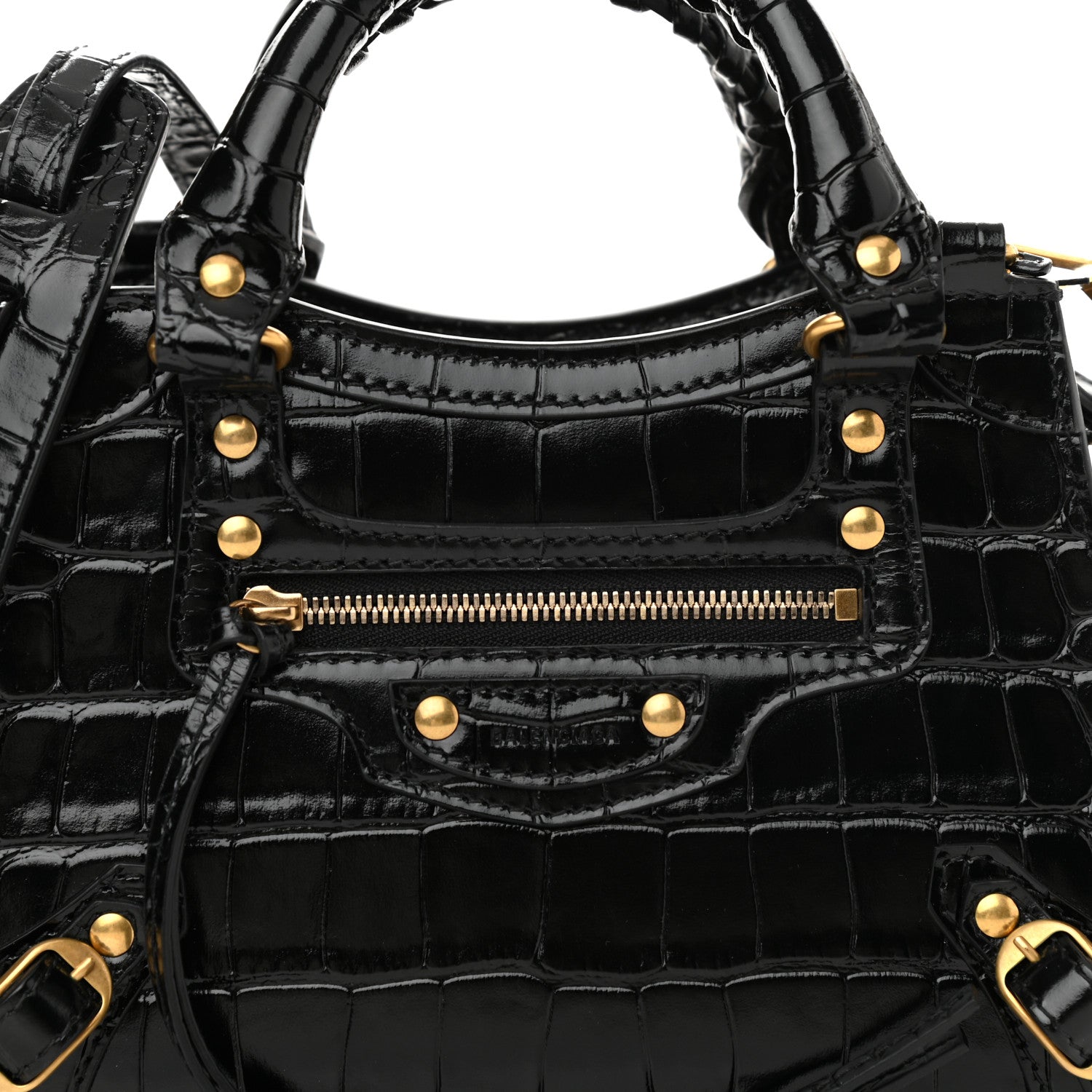 Balenciaga Shiny Supple Calfskin Crocodile Embossed Neo Classic Gold Hardware Mini City Black 6 of 8