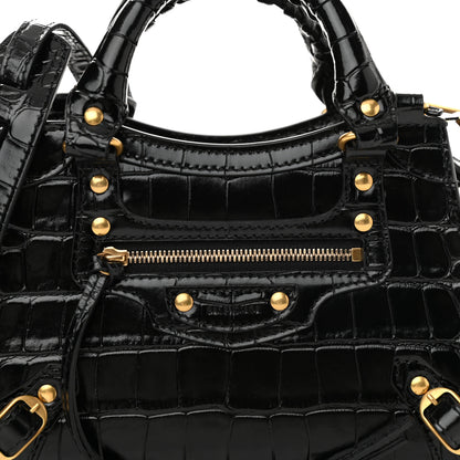 Balenciaga Shiny Supple Calfskin Crocodile Embossed Neo Classic Gold Hardware Mini City Black 7 of 9