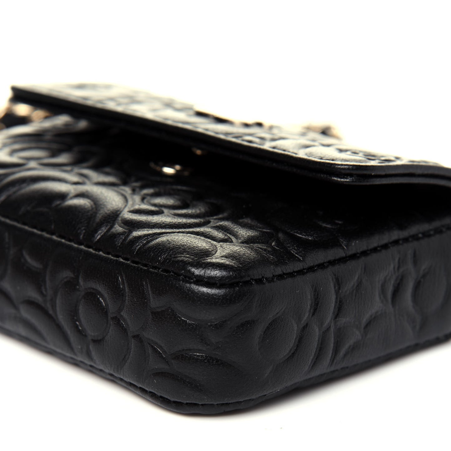 Lambskin Camellia Embossed Chain Belt Bag Black