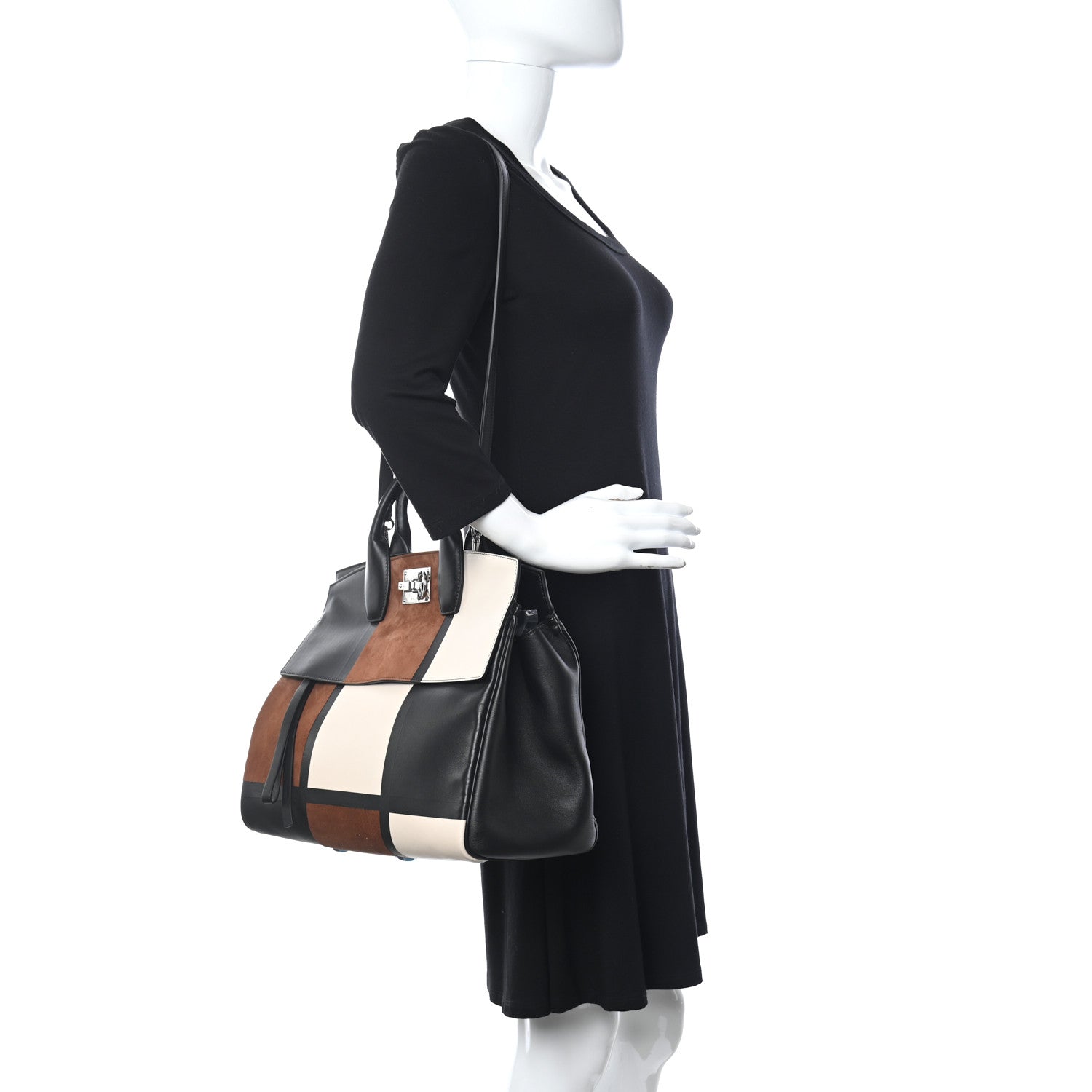 Salvatore Ferragamo Calfskin The Studio Colorblock Bag Black Brown 2 of 11