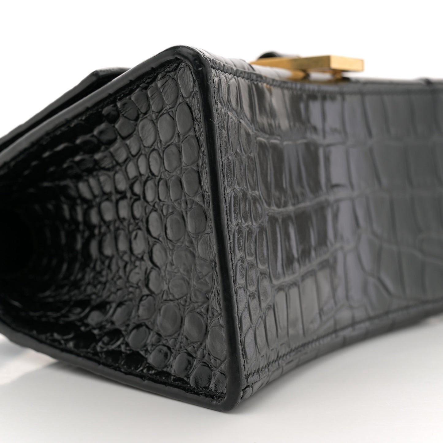 Shiny Calfskin Crocodile Embossed Small Hourglass Top Handle Bag Black