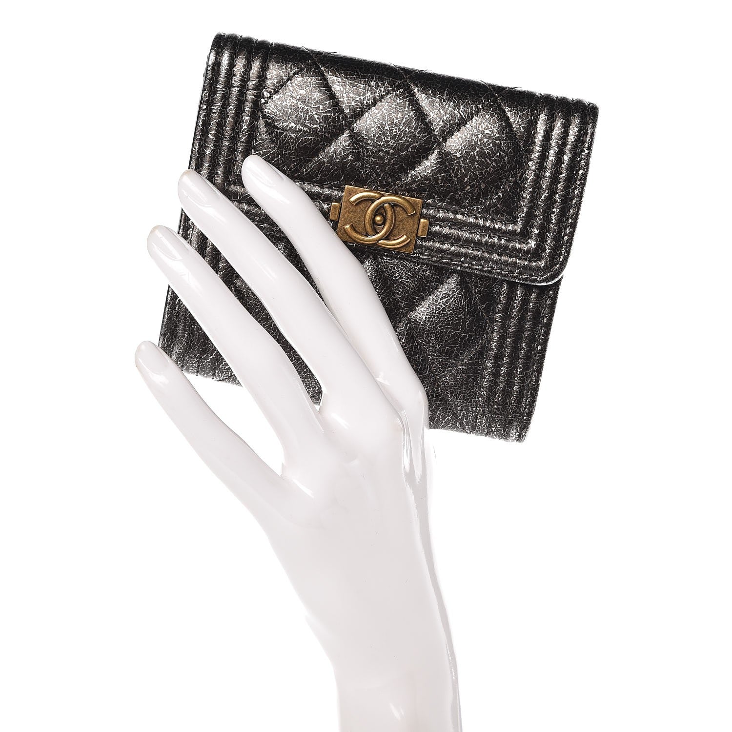 Chanel Cracked Metallic Calfskin Quilted Compact Boy Wallet Black 2 of 9
