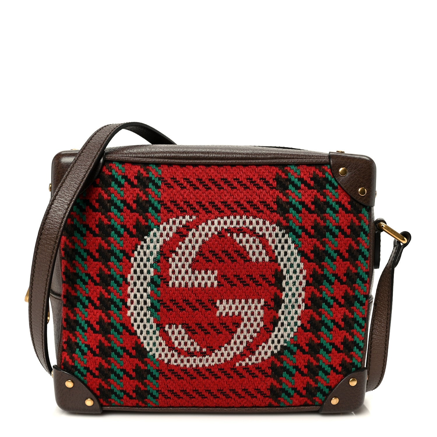 Gucci Cotton Wool Textured Calfskin Houndstooth Woven Square Messenger Bag Red Green Ivory Multicolor New Acero 1 of 9