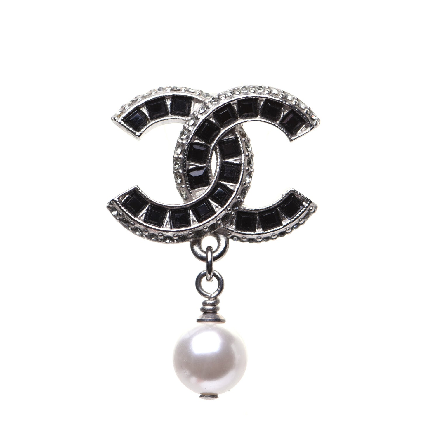 Baguette Crystal Pearl CC Drop Earrings Silver Black