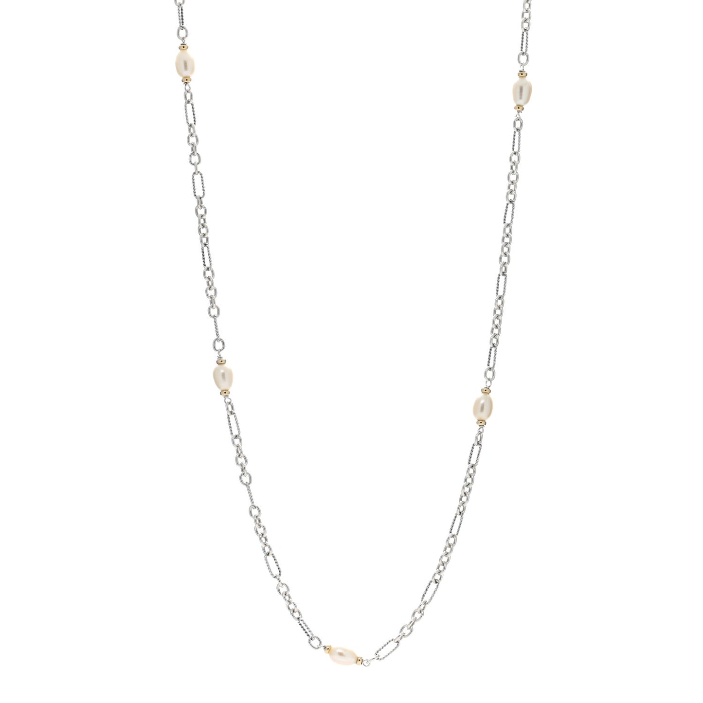 Sterling Silver 18K Yellow Gold Baroque Pearl Long Figaro Chain Necklace