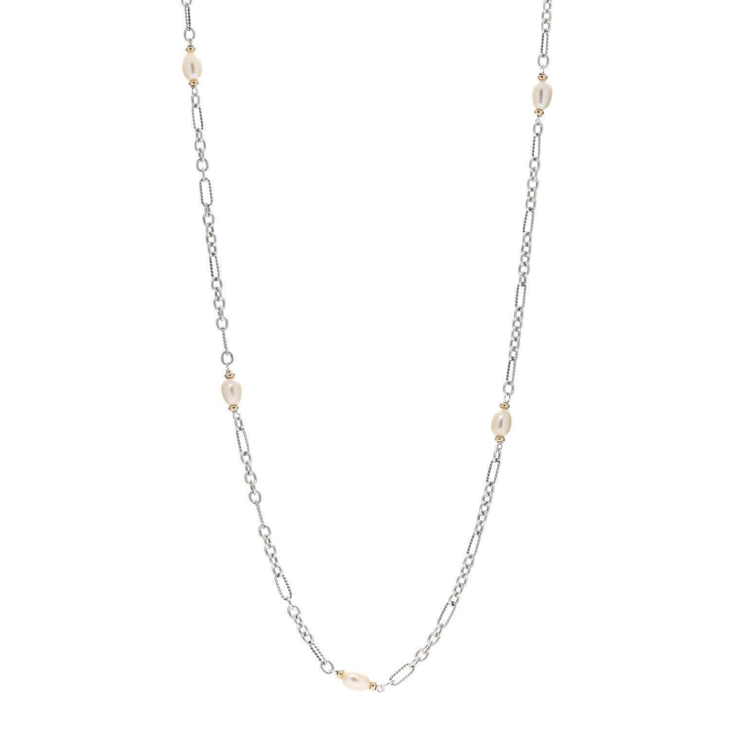 David Yurman Sterling Silver 18K Yellow Gold Baroque Pearl Long Figaro Chain Necklace 1 of 4
