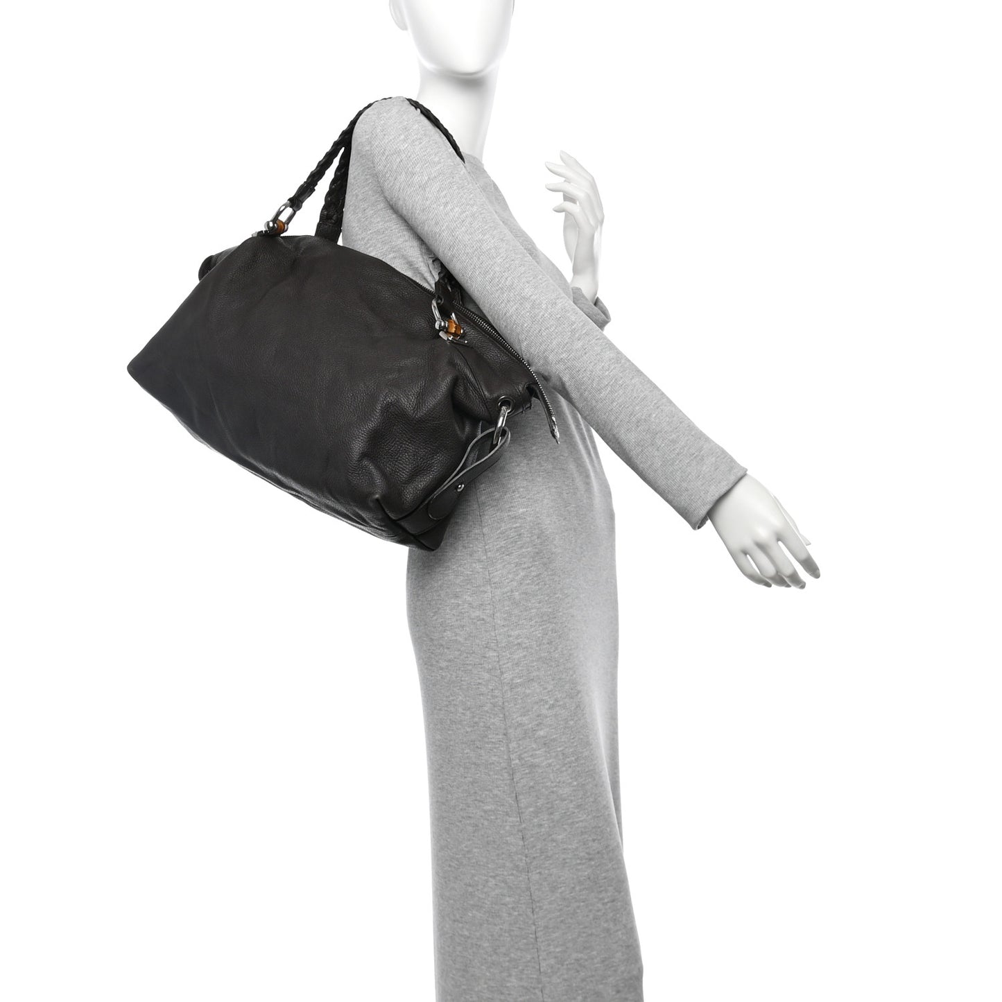 Pebbled Calfskin Large Bamboo Bar Tassel Shoulder Bag Dark Brown