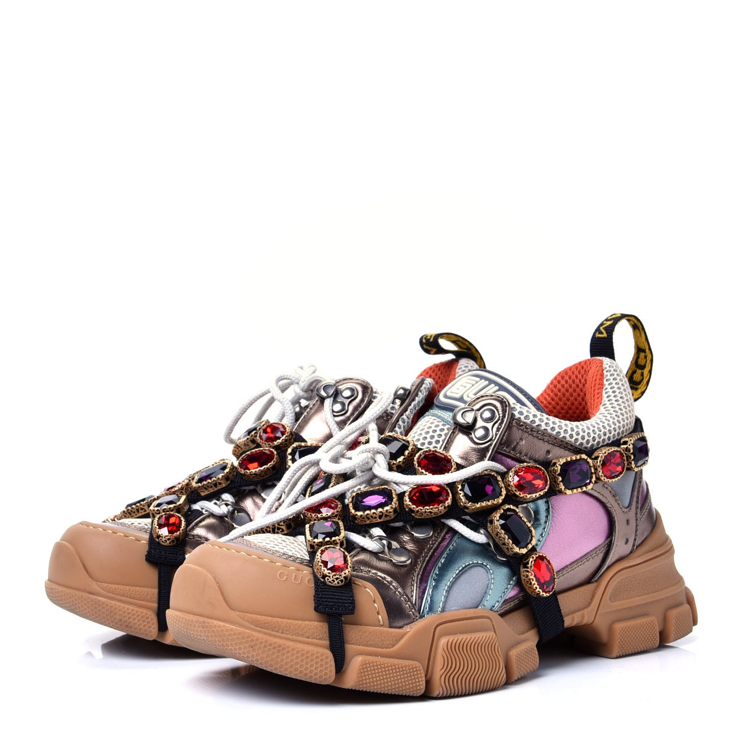 Gucci X SEGA Metallic Calfskin Mesh Removable Crystals Womens Flashtrek Sneakers 36 Rame Mystic White Lago 4 of 10