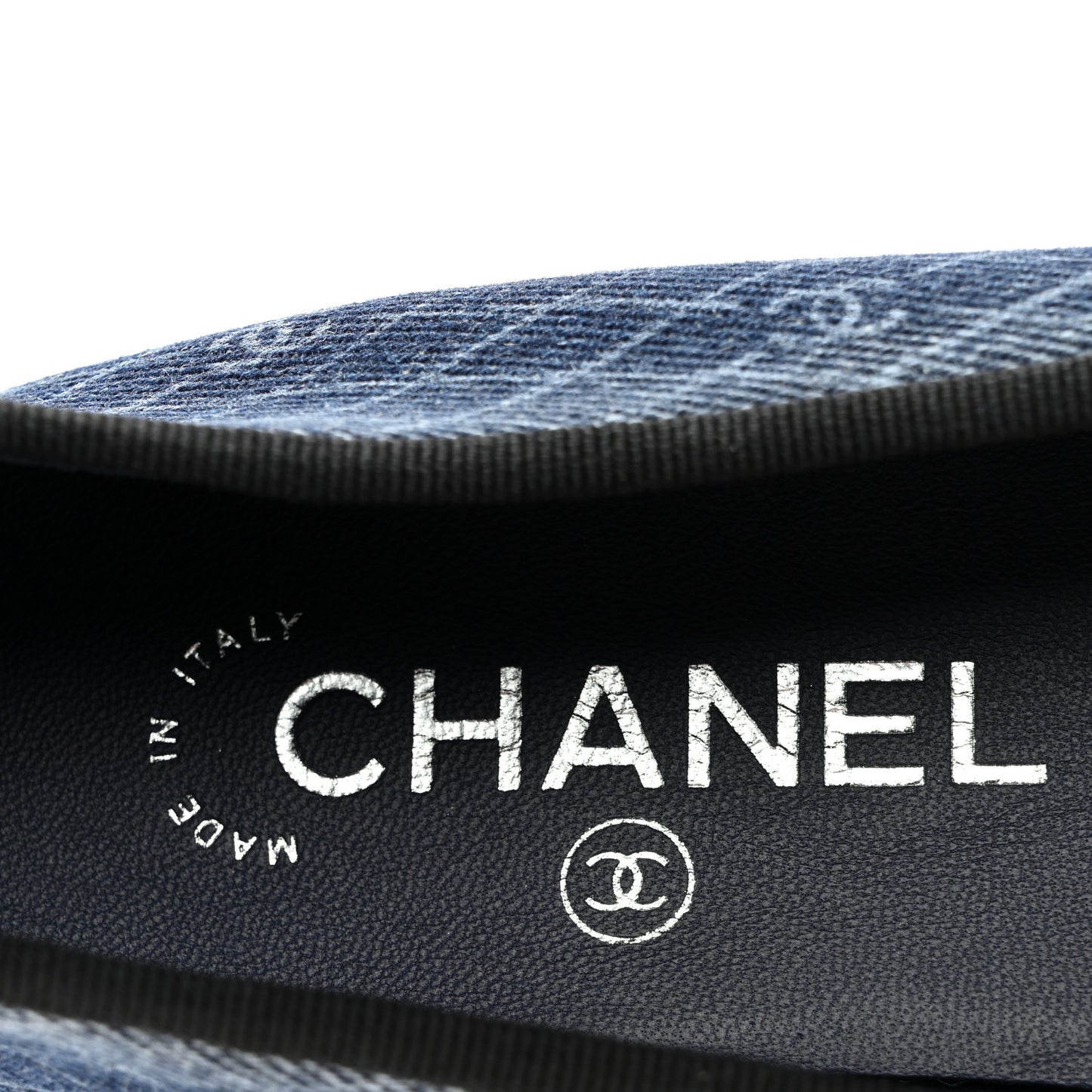 Denim Printed Quilt CC Cap Toe Ballerina Flats 35.5 Navy Blue Dark Grey