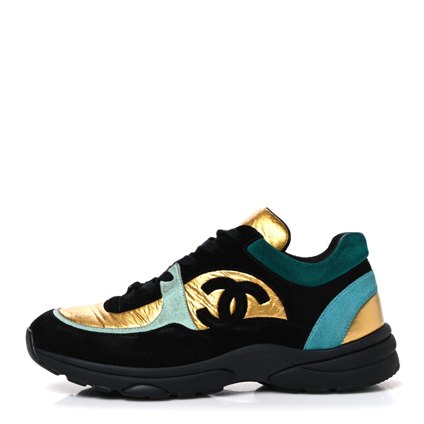 Fabric Calfskin Suede CC Womens Sneakers 39 Black Turquoise Gold 39 Black Turquoise Gold