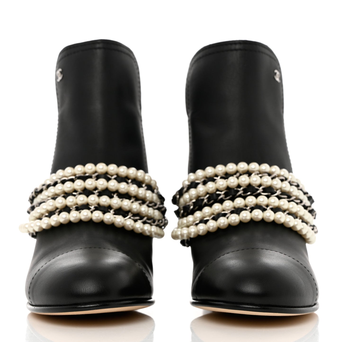 Calfskin Pearl Cap Toe Short Boots 40 Black