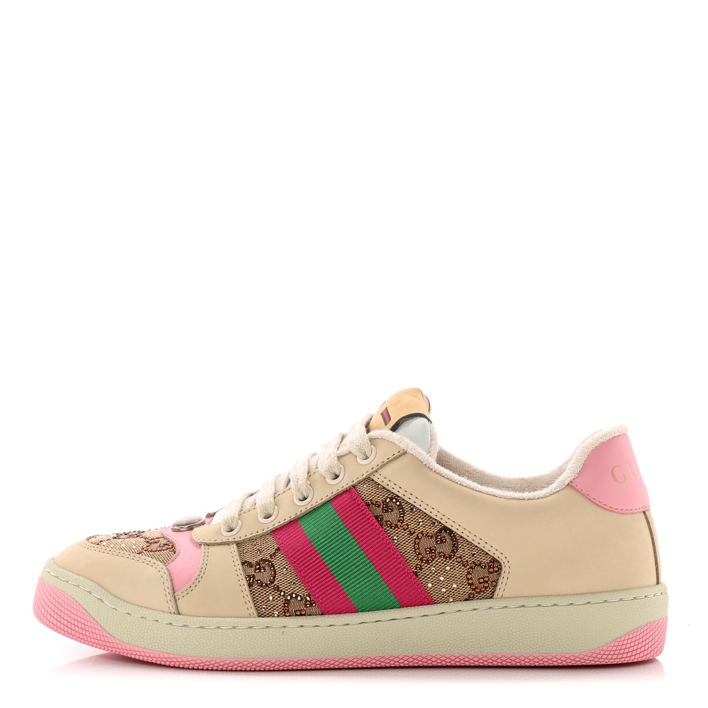 New GG Monogram Nubuck Web Crystal Embellished Womens Screener Sneakers 38 Camel Ebony Wild Rose