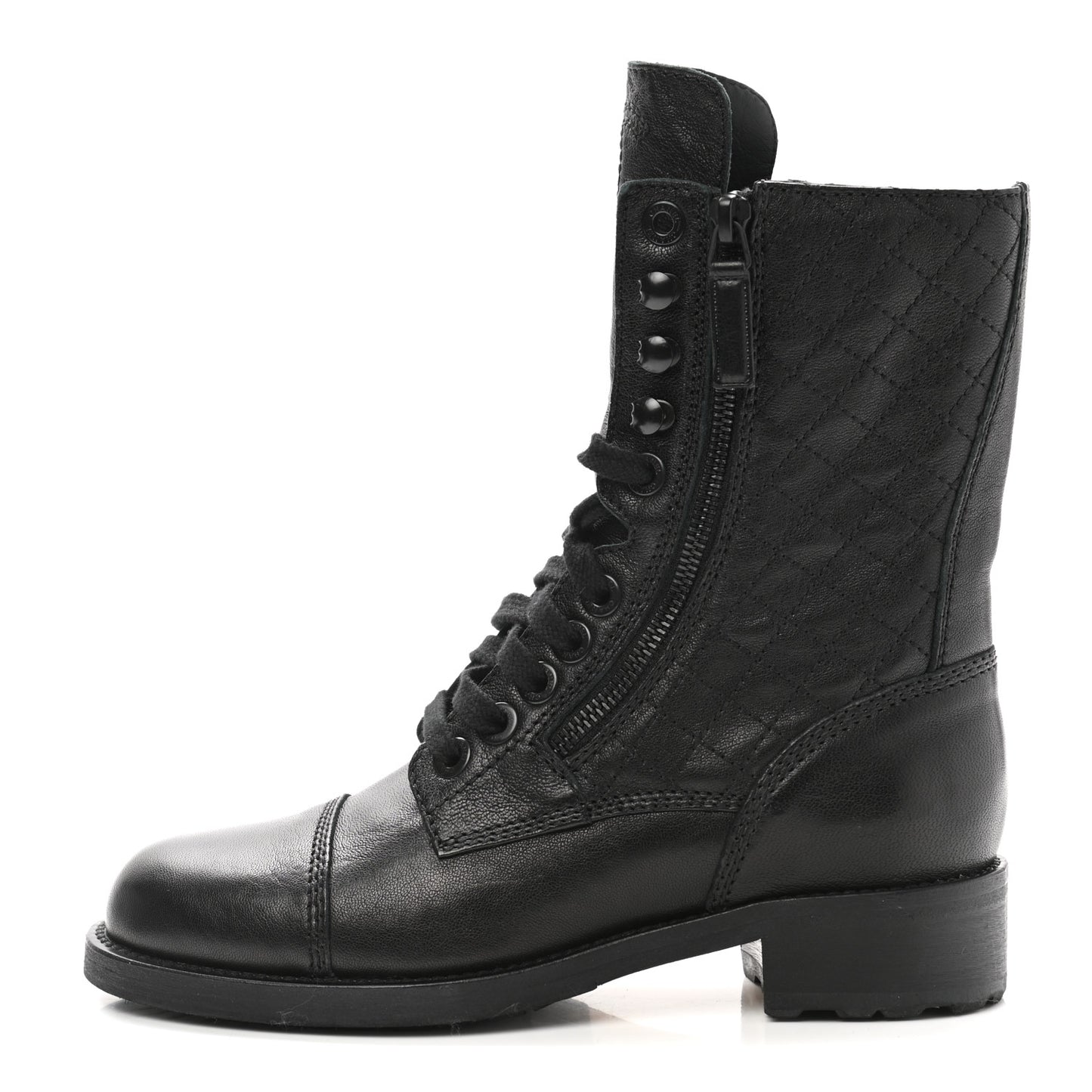 Calfskin Quilted Lace Up Combat Boots 37 Black